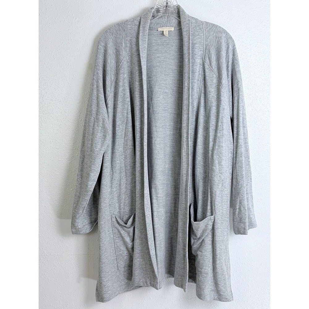 Eileen Fisher Cardigan Gray Tencel Organic Cotton Open Front Pockets L